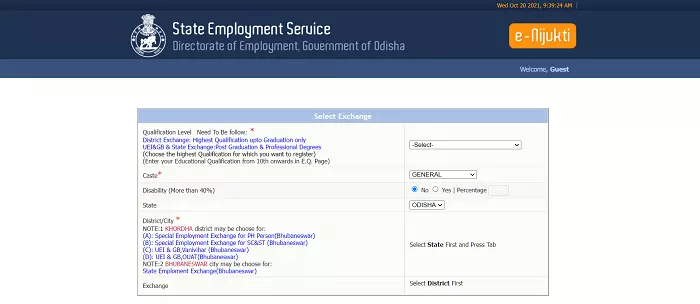 Odisha State Employment Exchange Online Registration 
